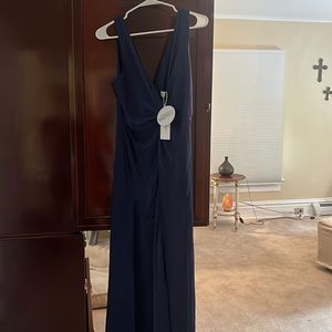 Long navy silky/satin dress front slit